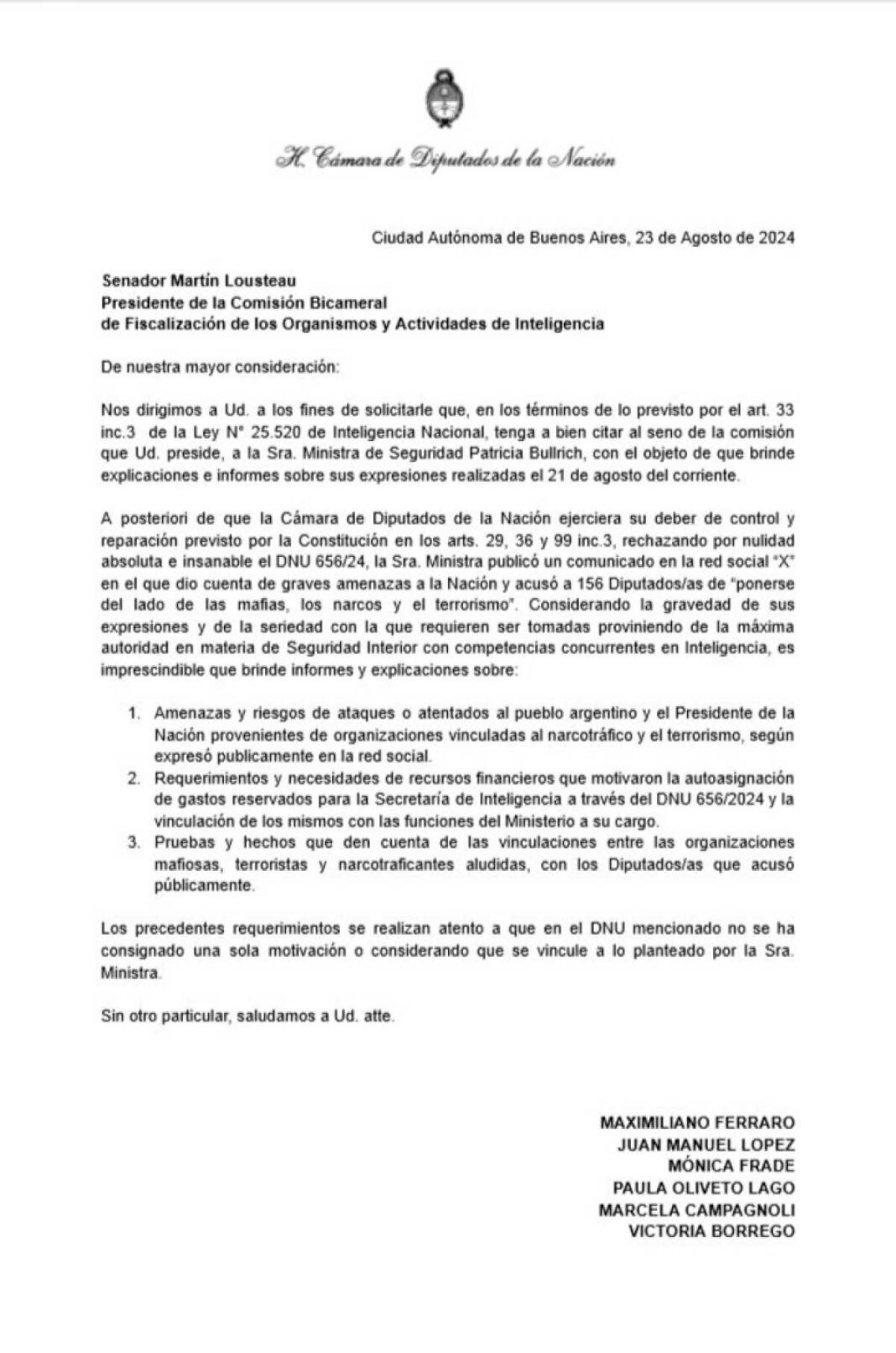 le-pidieron-a-lousteau-citar-a-patricia-bullrich-a-la-bicameral-de-inteligencia-por-acusar-a-diputados-de-ponerse-del-lado-de-las-mafias,-los-narcos-y-el-terrorismo